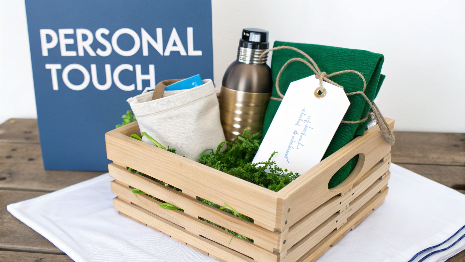 A thoughtfully curated gift basket in a wooden crate with a green towel, shaker, and a 'Personal Touch' sign.