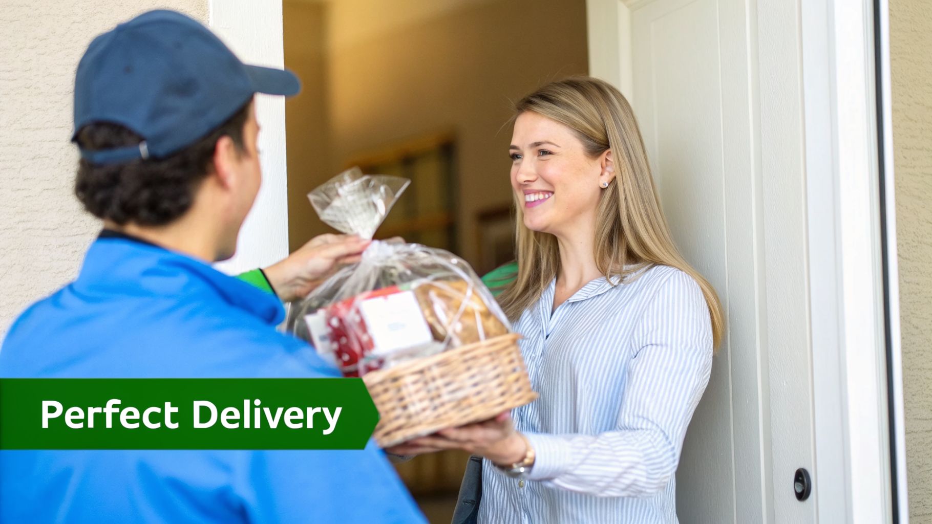 A smiling woman receives a beautifully wrapped gift basket from a delivery man at her front door.