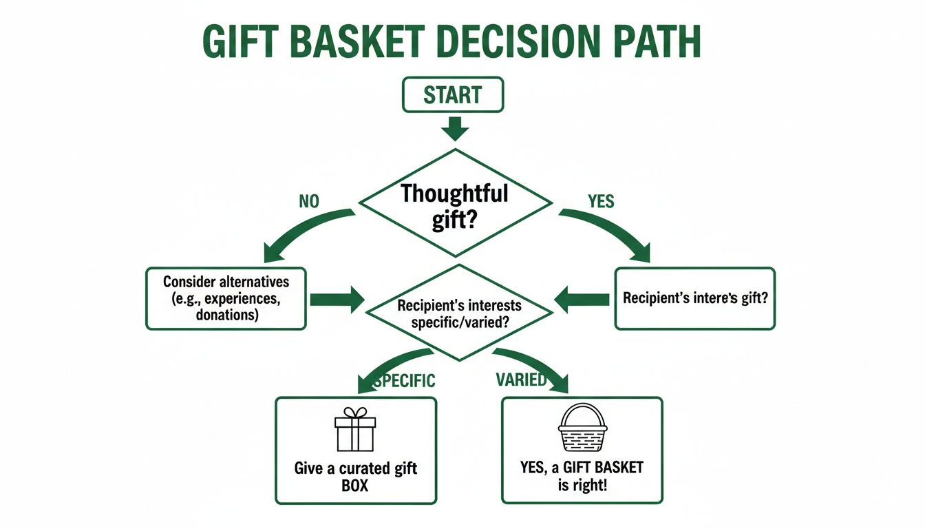 A green flowchart illustrating a decision path for choosing a gift, leading to curated boxes or gift baskets.