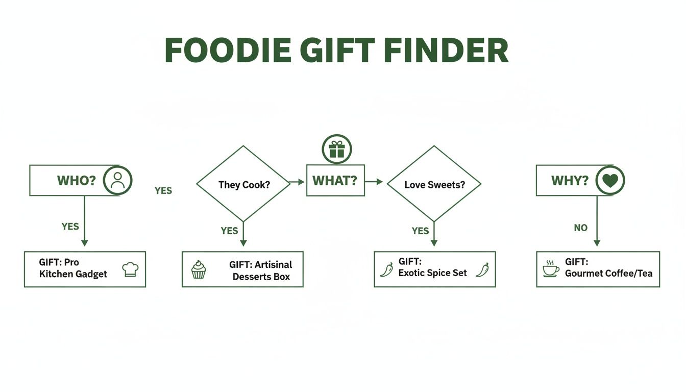 Flowchart illustrating a foodie gift finder with questions and gift suggestions like kitchen gadgets, desserts, spices, or coffee.