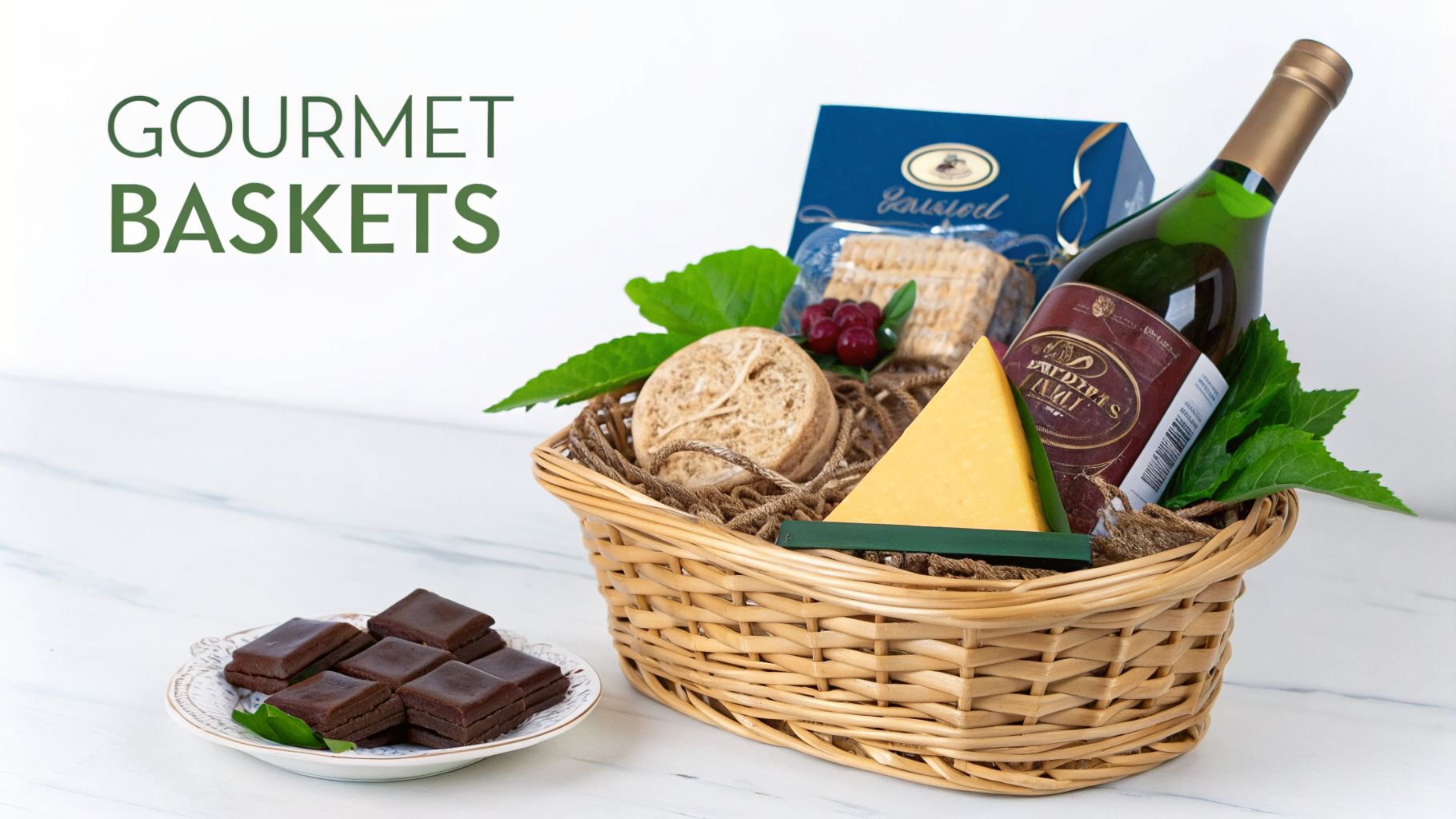 A gourmet gift basket filled with wine, cheese, crackers, and chocolates on a white wooden table.