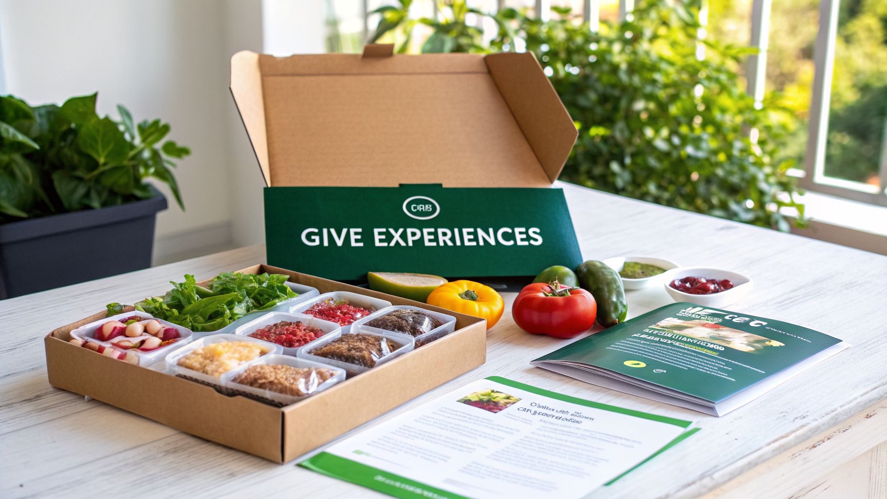 A fresh meal kit box with various vegetables, purees, and fruit on a white wooden table.