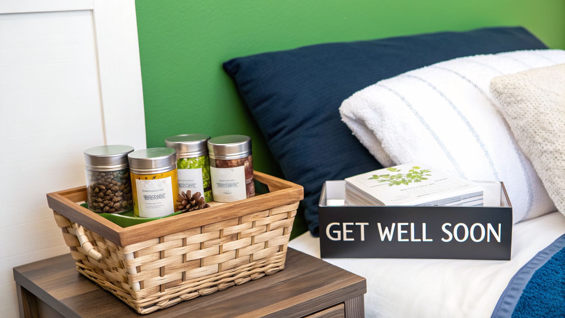 A "GET WELL SOON" tray and a gift basket with jars sit on a bedside table with pillows.