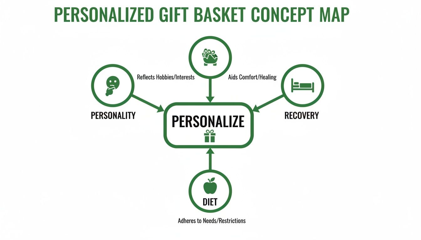 Concept map illustrating how to personalize gift baskets based on personality, recovery, hobbies, and diet.