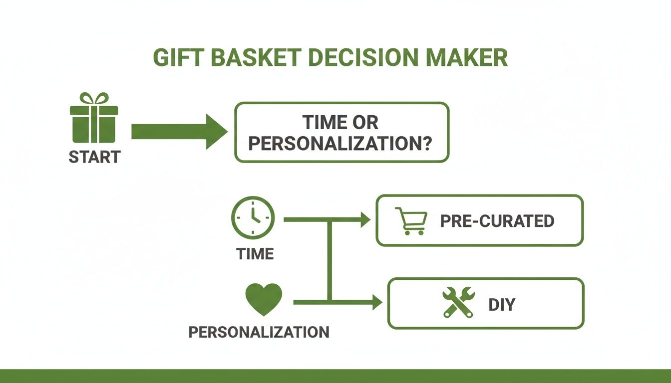 A flowchart titled 'Gift Basket Decision Maker' guiding users to choose between pre-curated or DIY options.