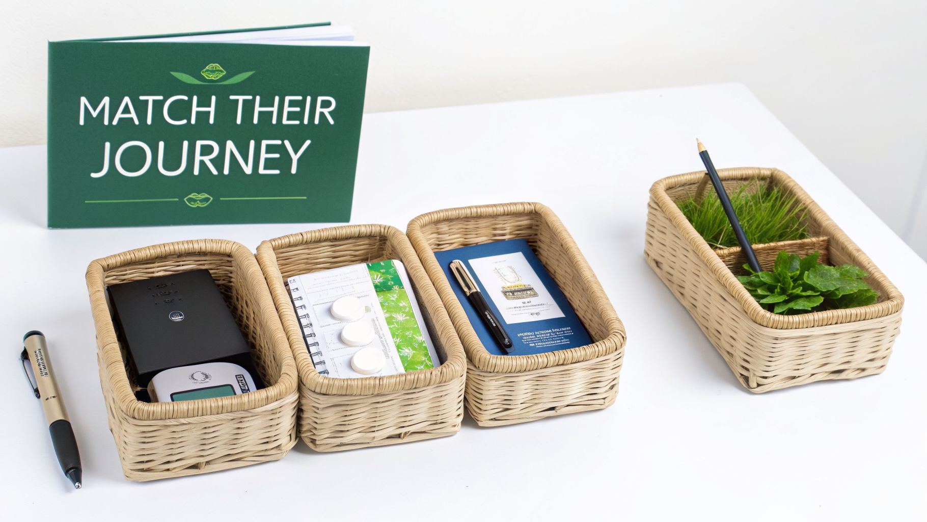 Several woven baskets filled with office supplies, notebooks, and plants, arranged on a white table next to a green book.