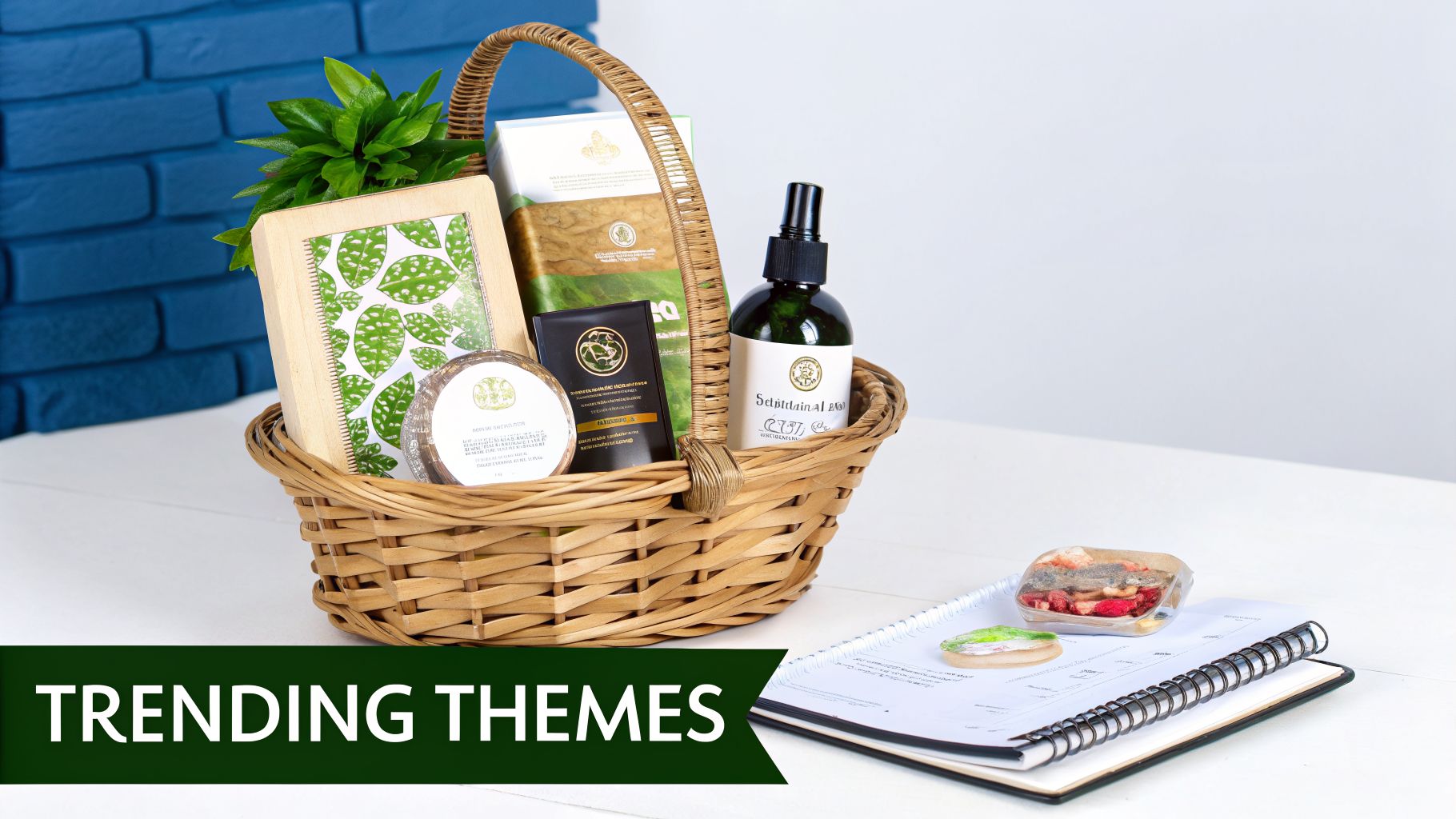 A rustic wicker gift basket filled with natural-themed items, a plant, and a spray bottle, next to an open notebook.