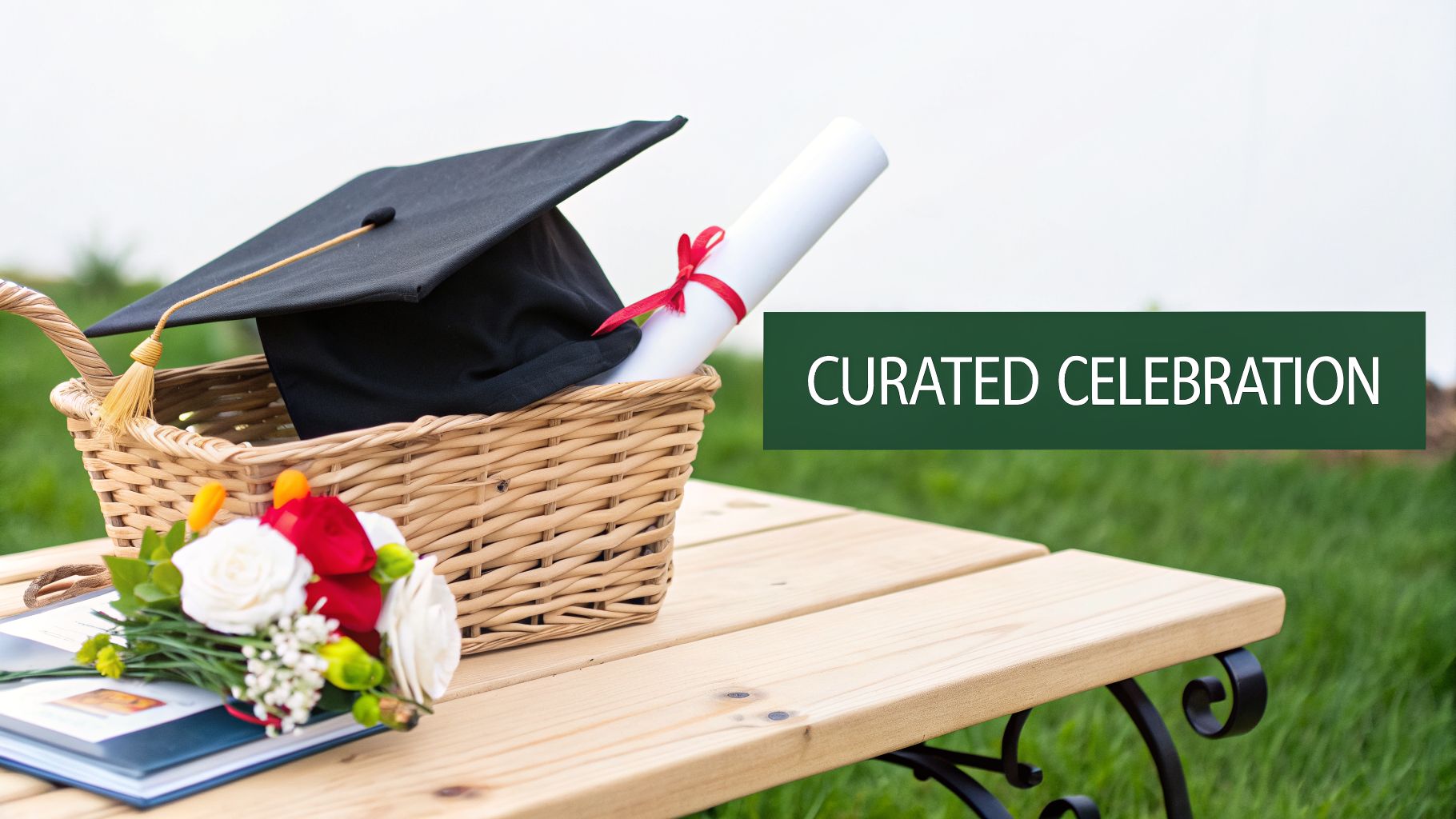 A graduation cap and diploma in a wicker basket, with a bouquet of flowers on a wooden table.