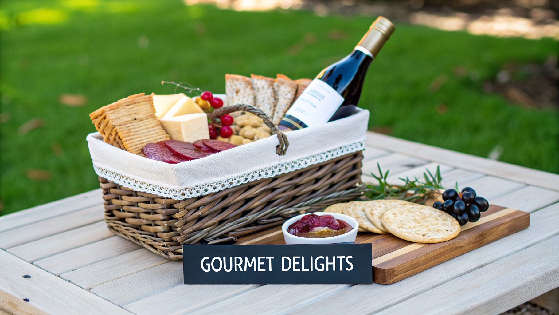 An elegant gourmet gift basket overflowing with wine, cheese, crackers, and meats on an outdoor wooden table.