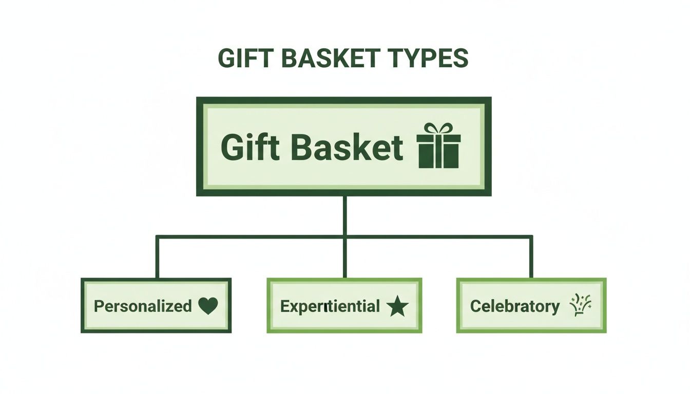 A diagram illustrating different gift basket types: Personalized, Experiential, and Celebratory.