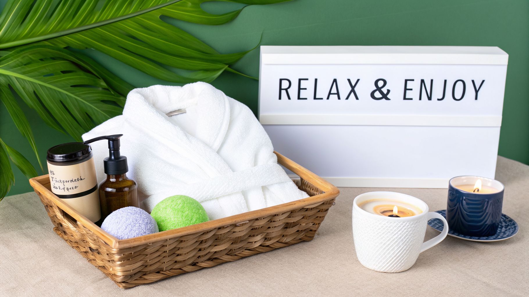 A spa gift basket with a white bathrobe, bath products, and lit candles next to a 'RELAX & ENJOY' sign.