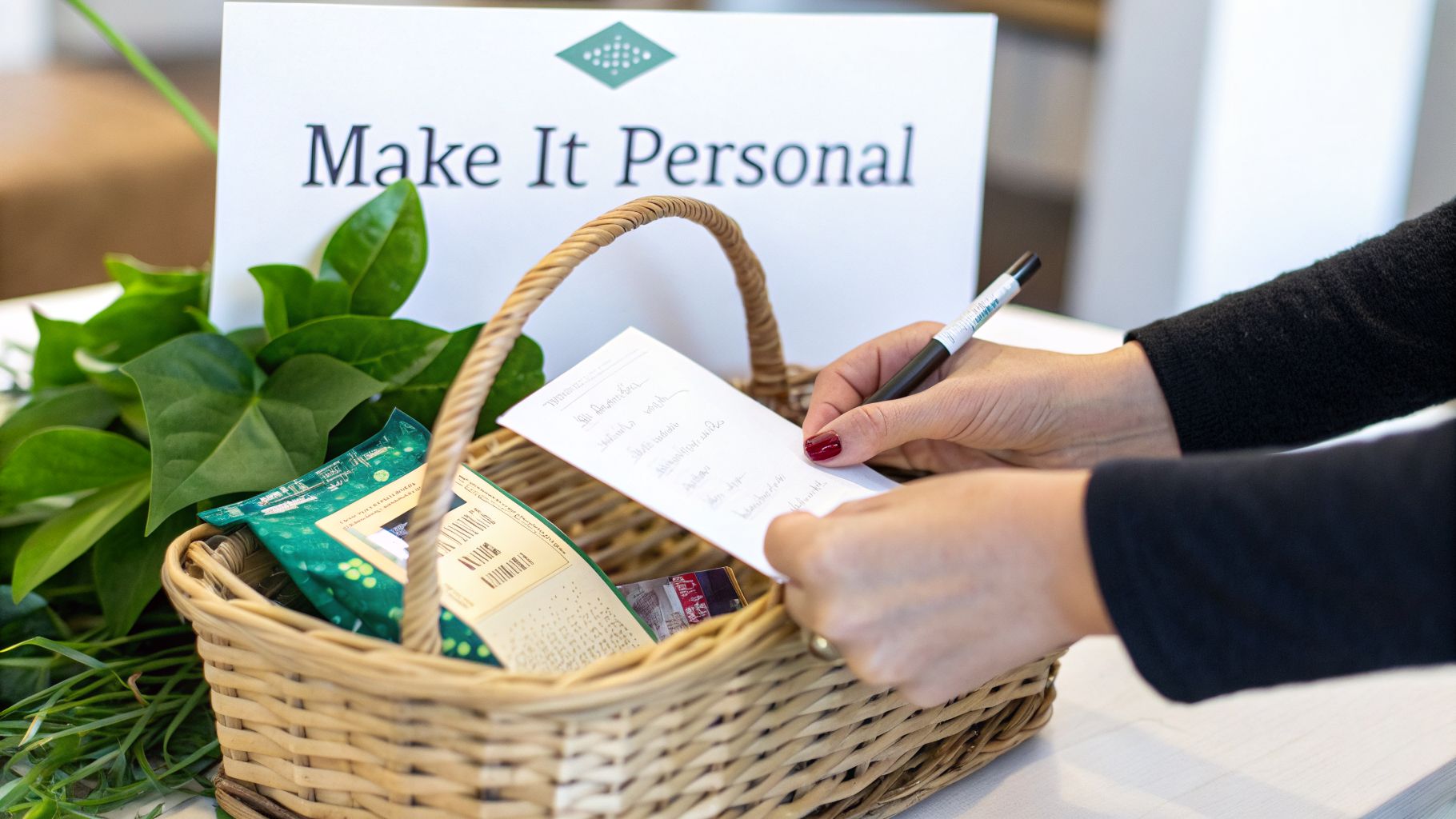 Hands writing a personal note above a wicker gift basket with green packets and foliage.