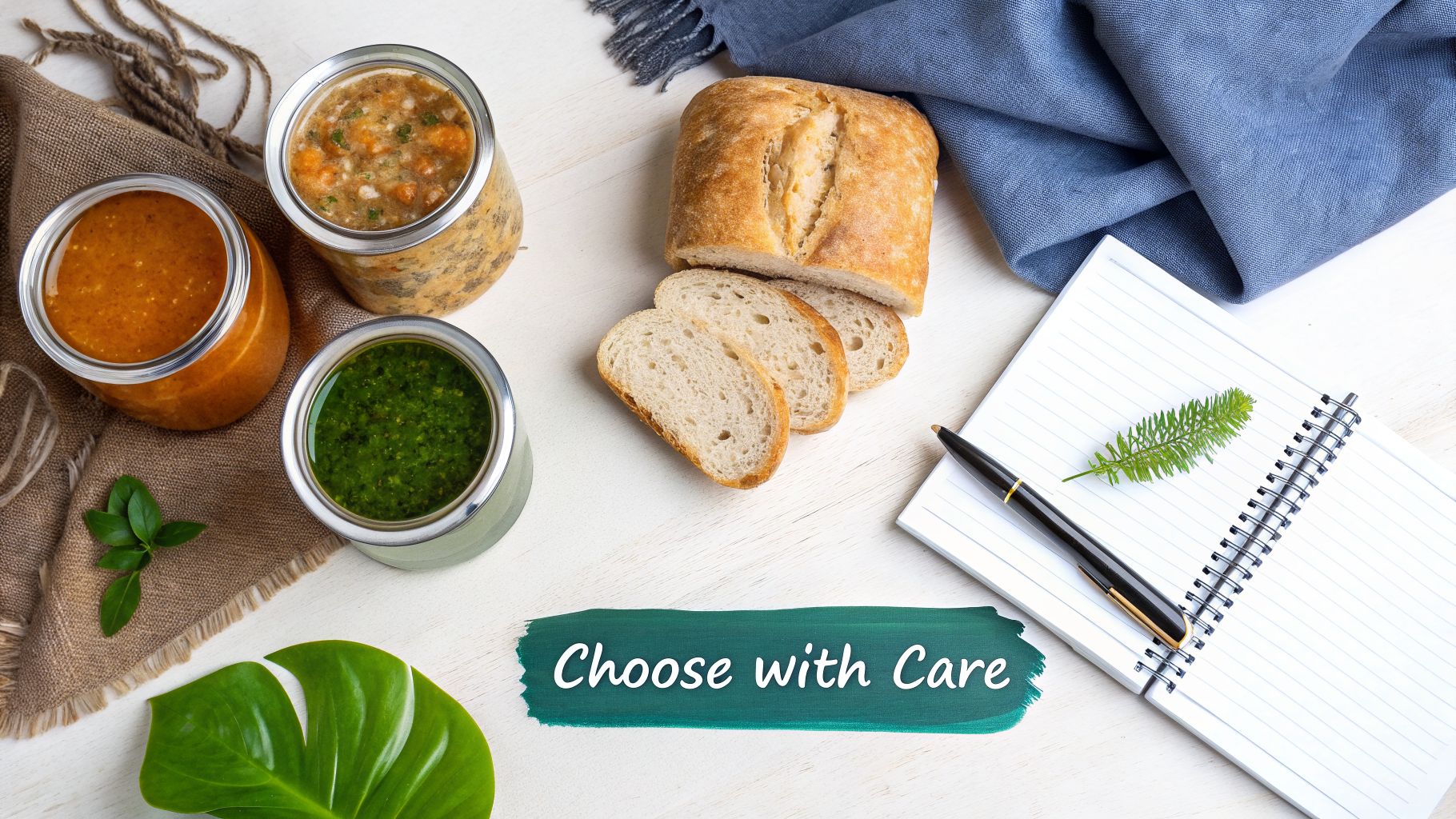 Three jars of healthy sauces, fresh bread, and a notebook on a white table, promoting careful choices.