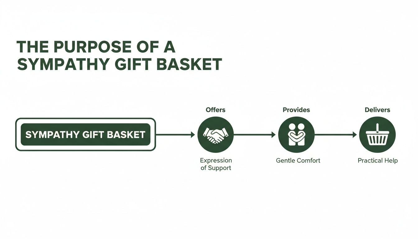 Flowchart detailing the purpose of a sympathy gift basket, showing it offers support, gentle comfort, and practical help.