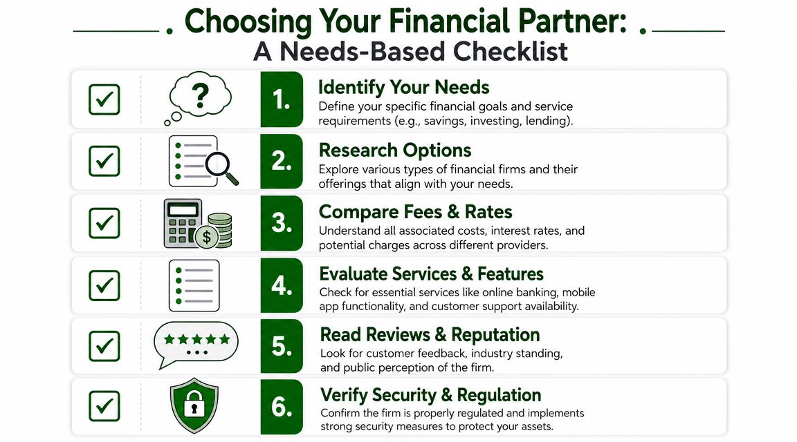 A six-step checklist infographic for choosing a financial partner, outlining essential tips for evaluating financial services.