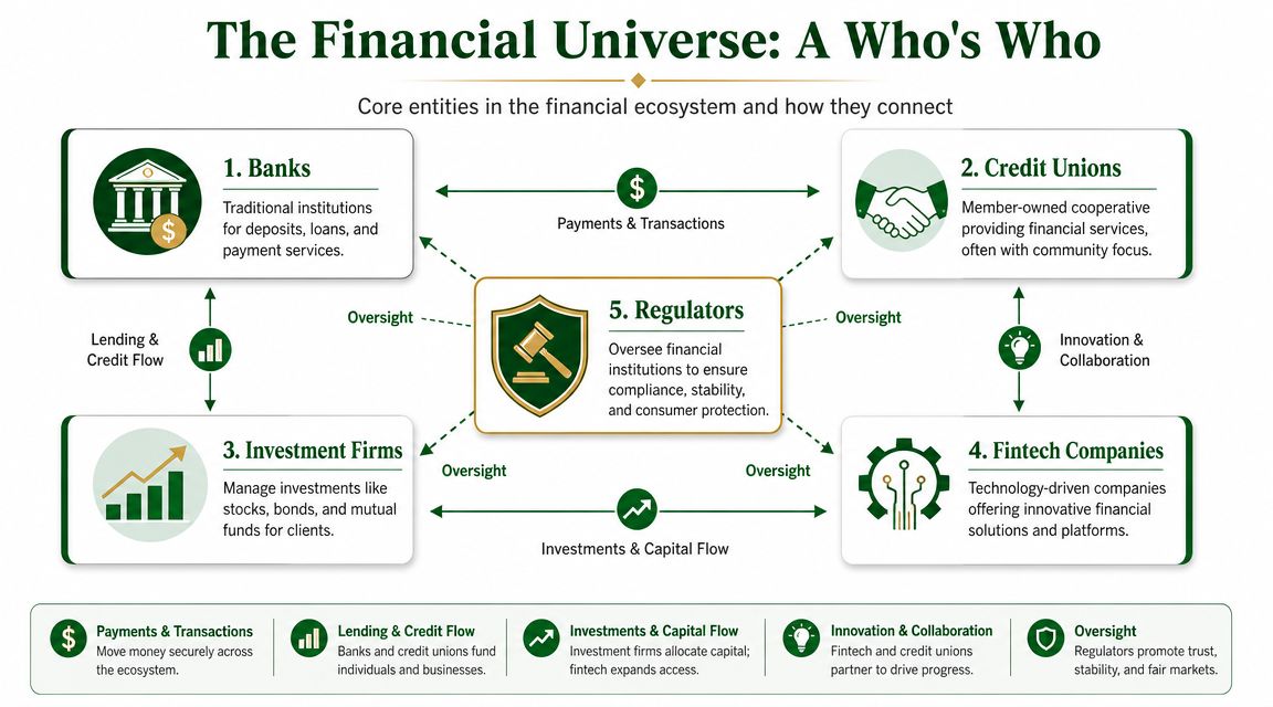 A diagram titled The Financial Universe displaying the roles of banks, credit unions, investment firms, fintech, and regulators.
