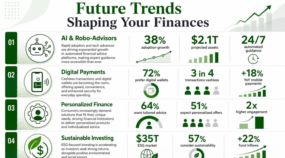 An infographic titled Future Trends Shaping Your Finances highlighting AI, digital payments, personalized finance, and sustainable investing.