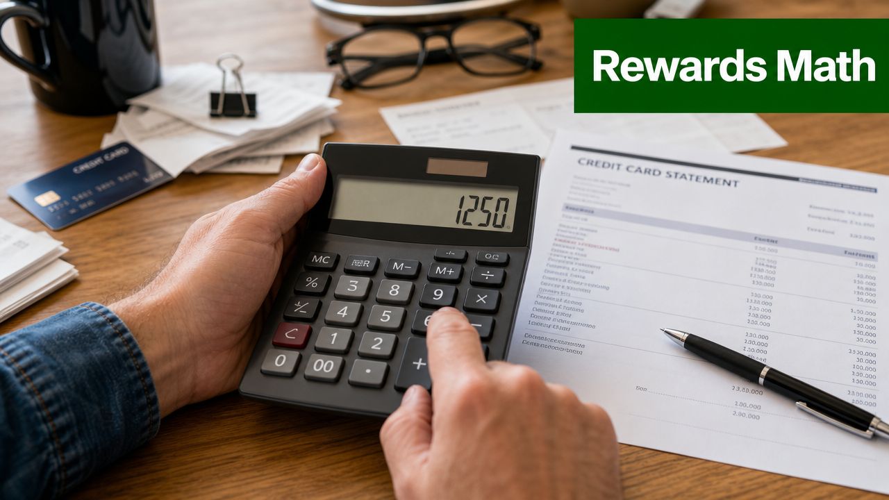 A person using a calculator to review a credit card statement at a wooden desk.