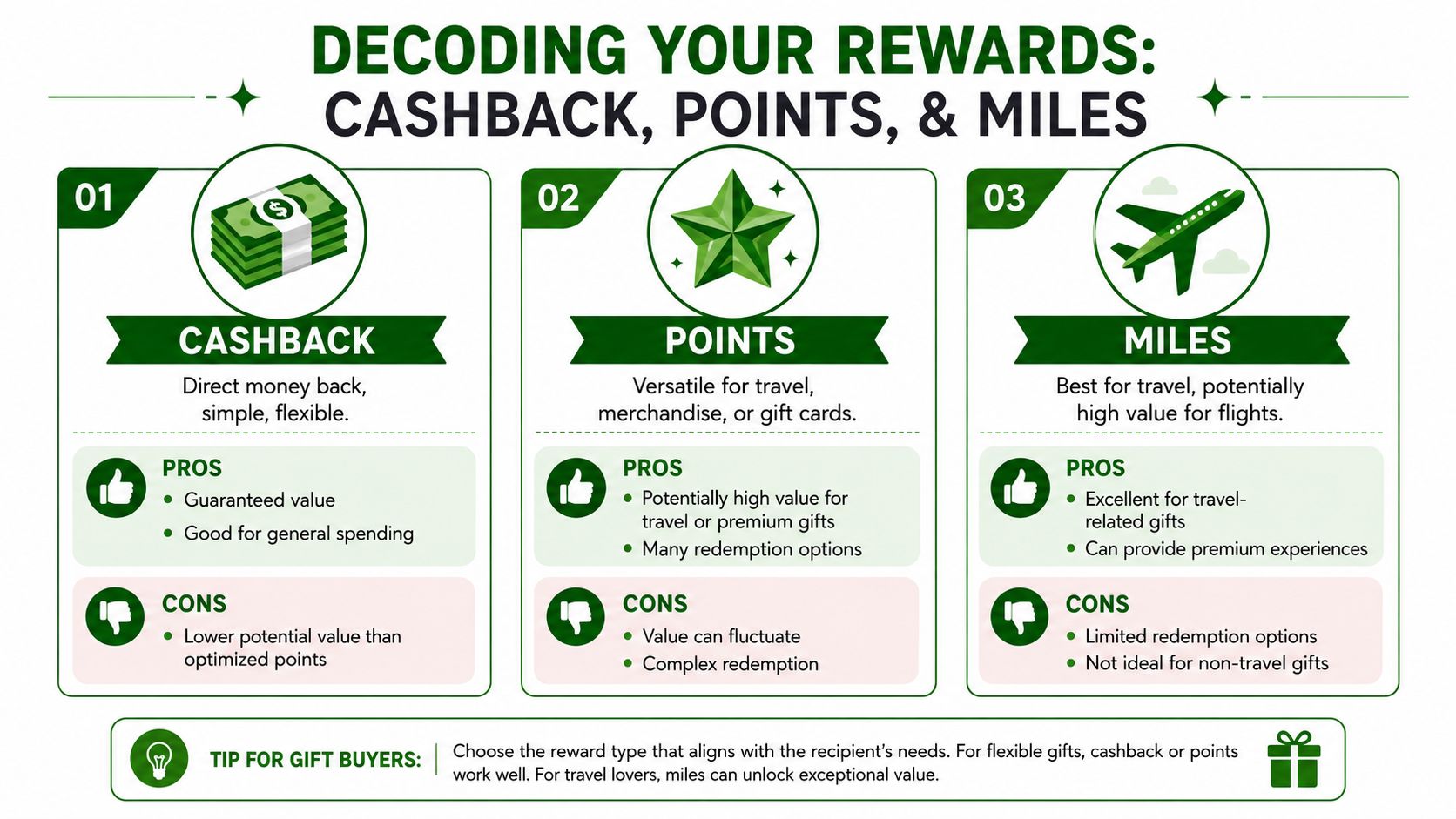 An infographic titled Decoding Your Rewards comparing the pros and cons of cashback, points, and airline miles.