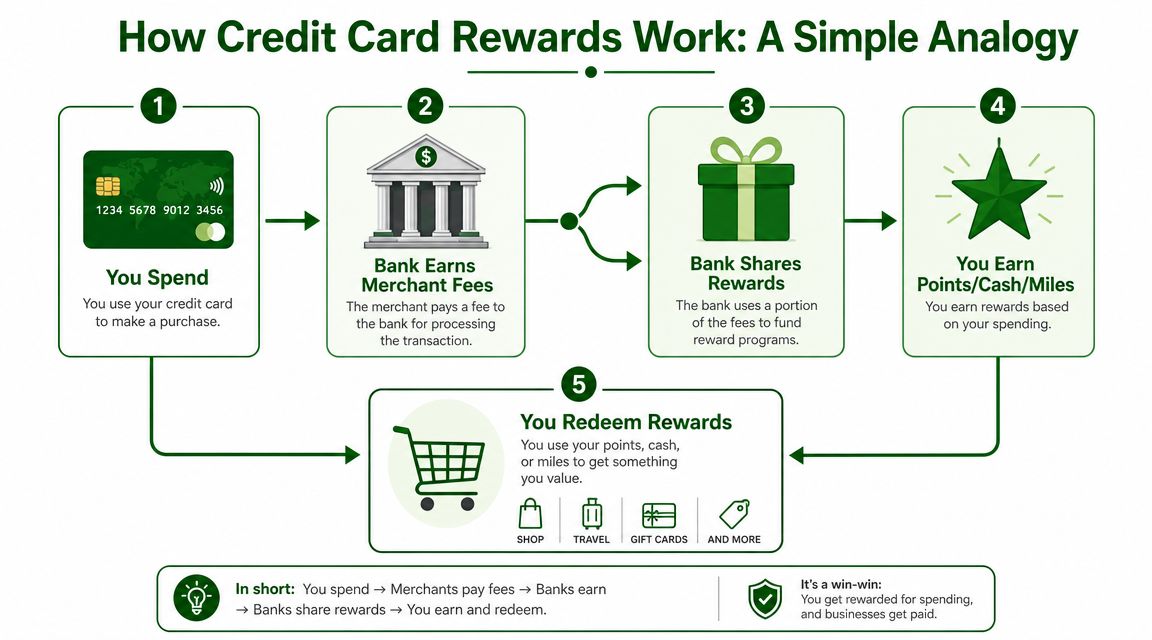 An infographic titled How Credit Cards Rewards Work showing the five steps of the rewards cycle process.