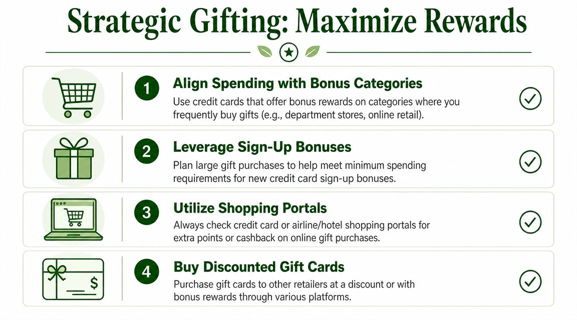 An infographic titled Strategic Gifting: Maximize Rewards, listing four tips for earning credit card rewards when shopping.