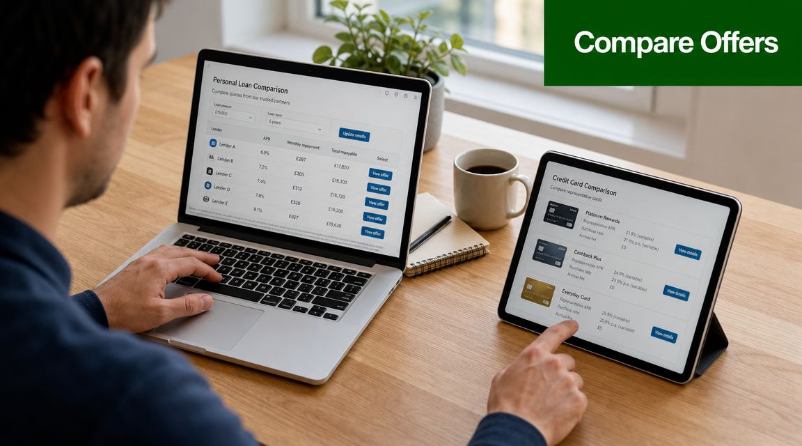 A person using a laptop and tablet to compare financial loan and credit card offers online.