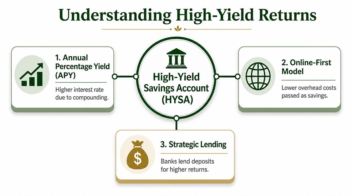 A diagram explaining three key factors behind high-yield savings account interest rates and financial returns.