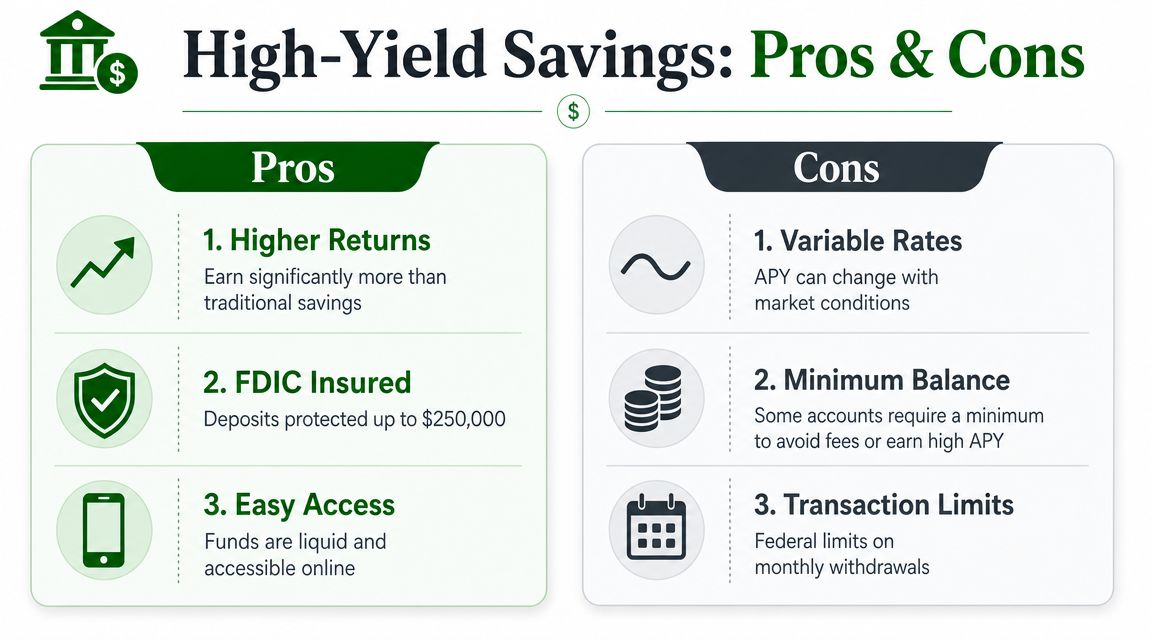 An infographic titled High-Yield Savings: Pros & Cons, outlining three advantages and three disadvantages of these accounts.