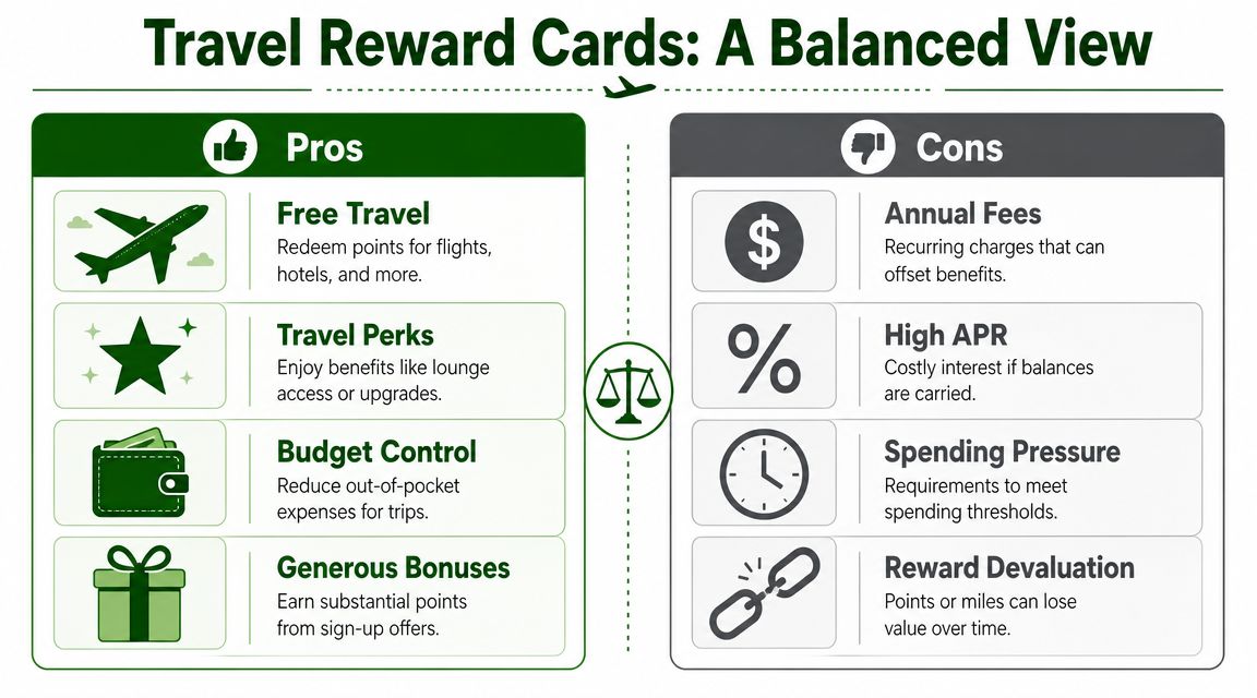 An infographic showing a balanced view of travel reward credit cards with pros and cons listed.