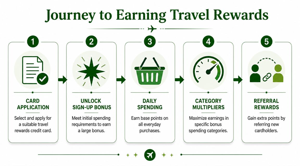 An infographic showing the five-step process of earning travel rewards using a credit card.