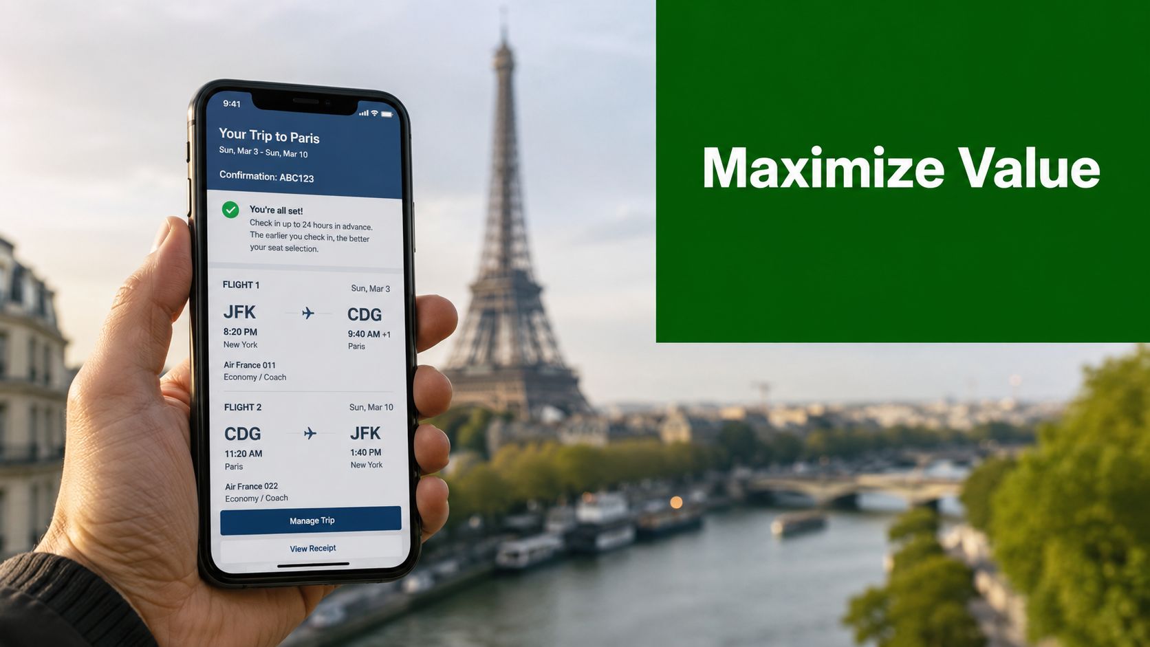 A hand holding a smartphone displaying airline flight details for a round trip to Paris, France.