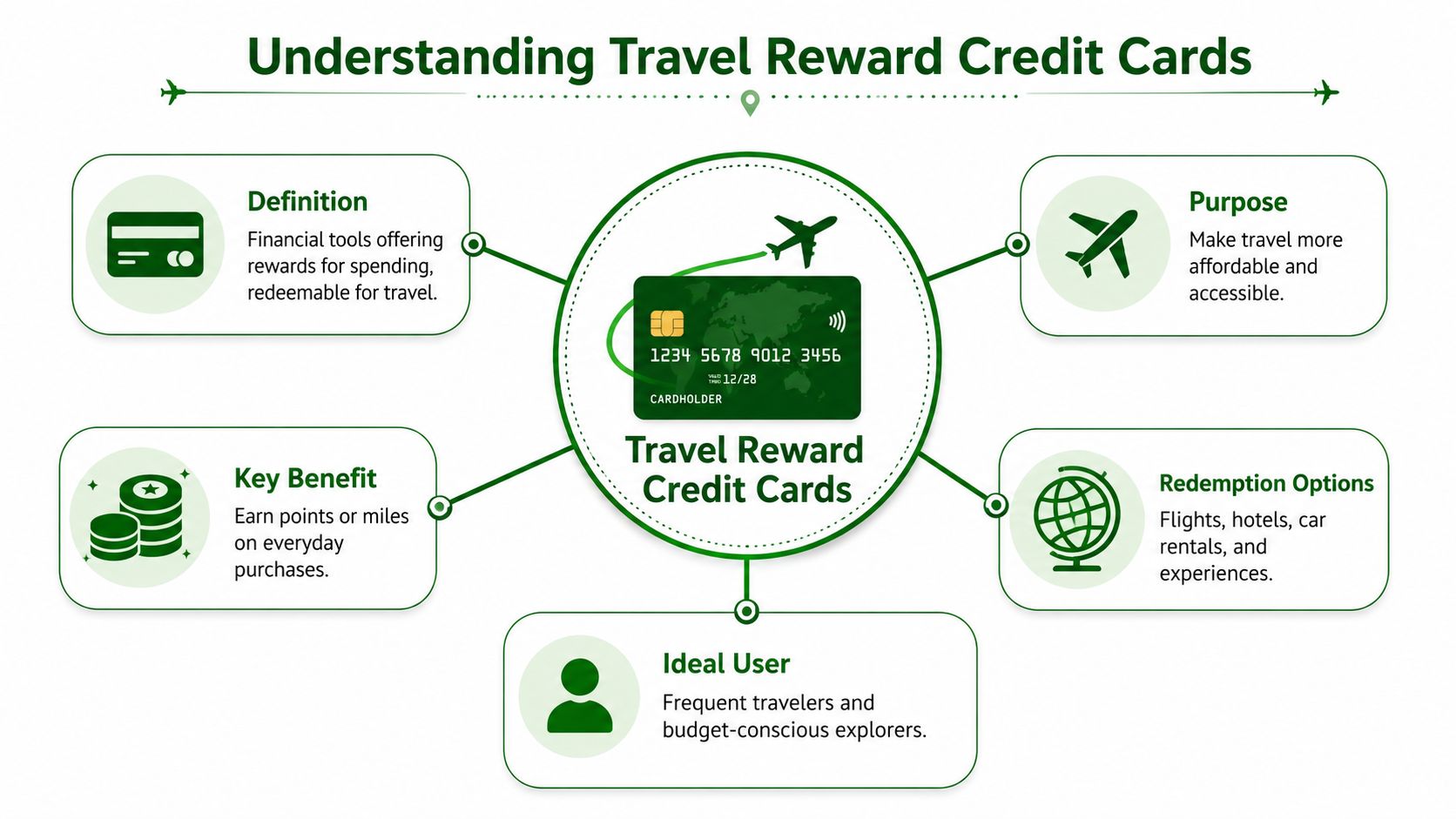 An infographic explaining the benefits, definition, and usage of travel reward credit cards for consumers.