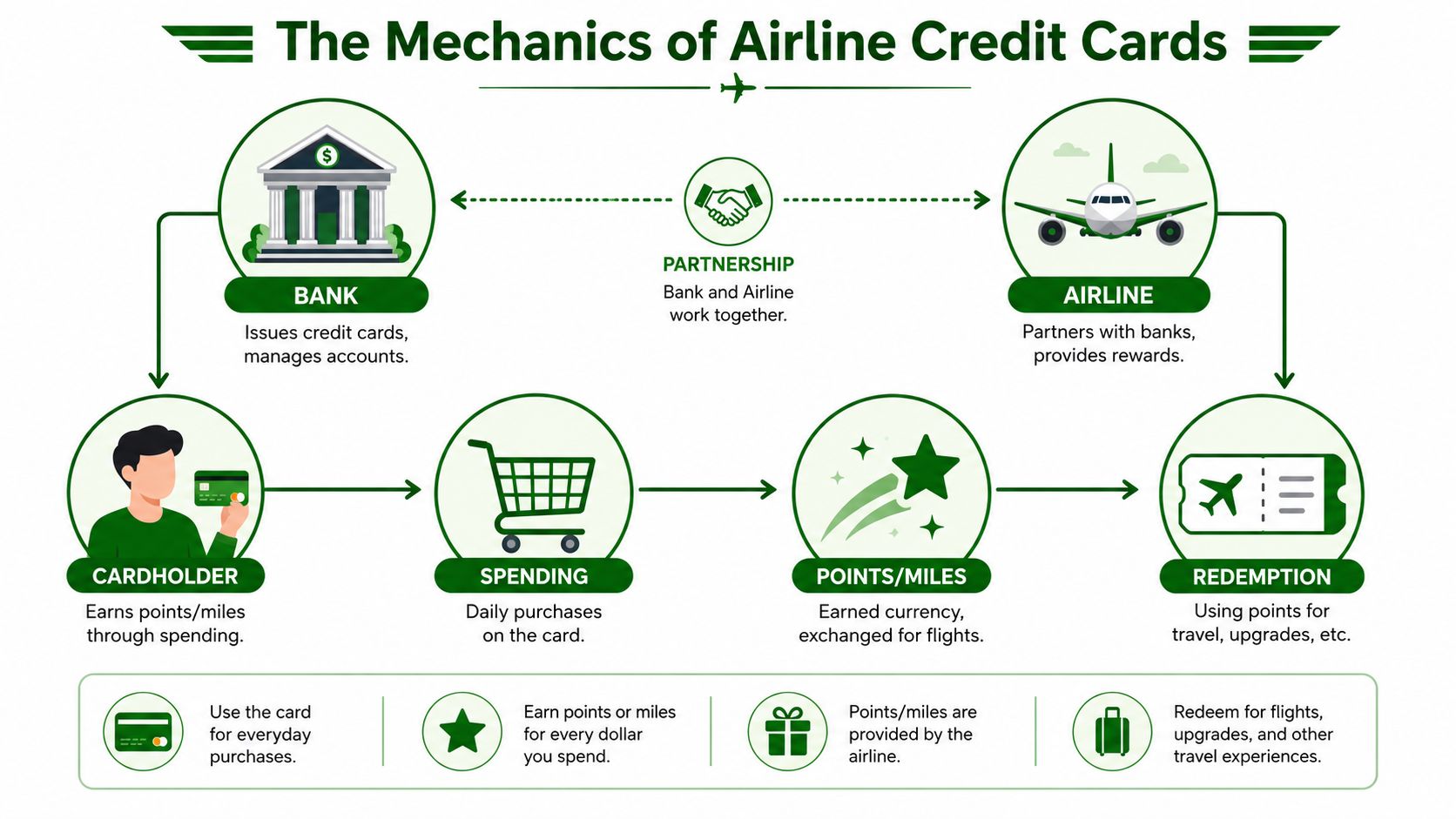 An infographic illustrating how airline credit cards work between banks, airlines, and cardholders through spending and redemption.