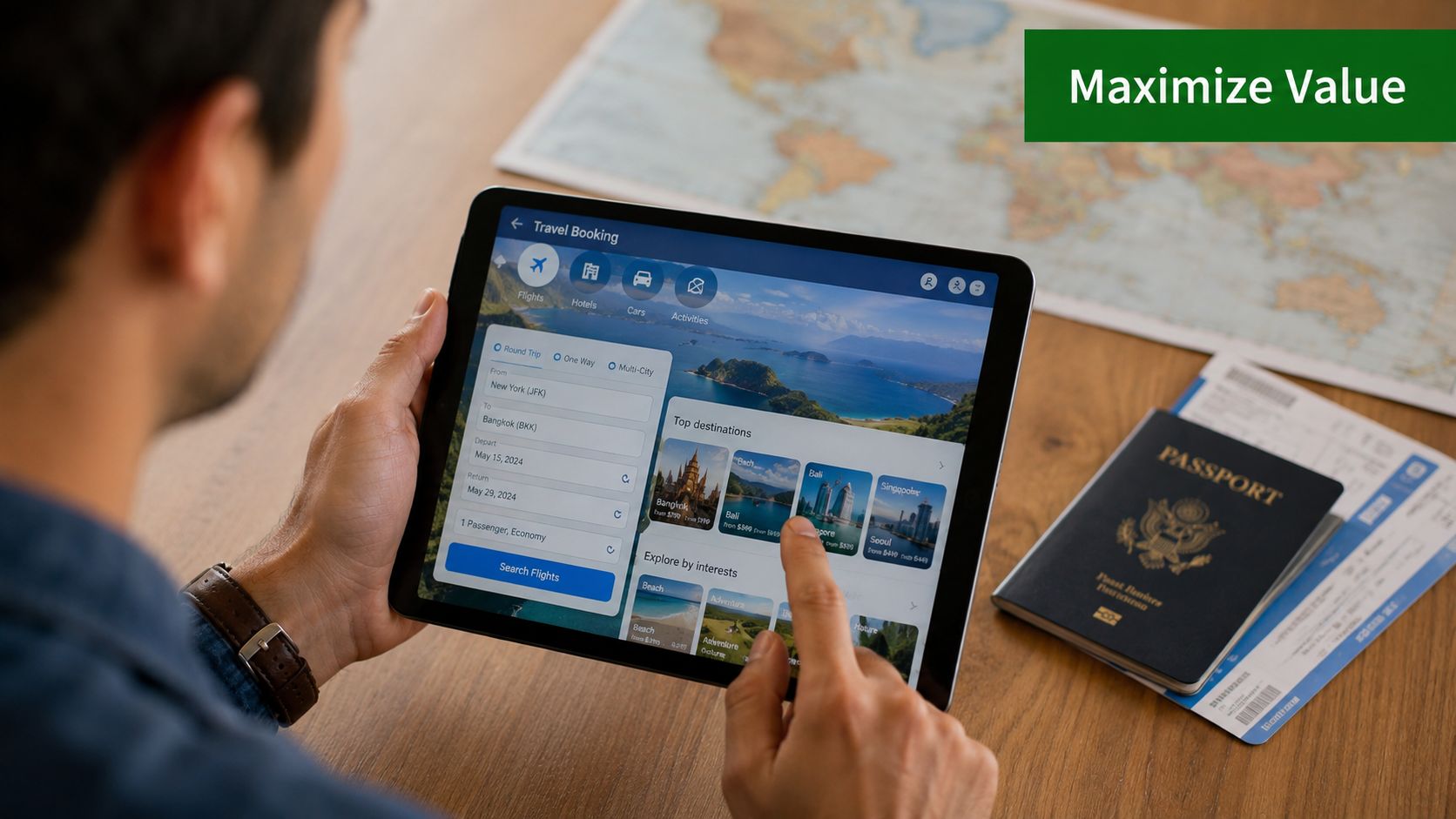 A person planning a vacation using a travel booking app on their tablet with a passport nearby.