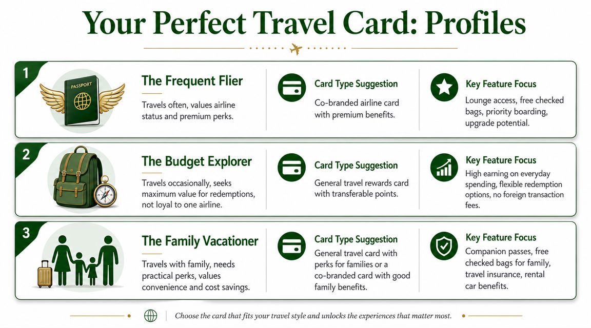 A travel infographic titled Your Perfect Travel Card Profiles outlining three types of travelers and credit card suggestions.