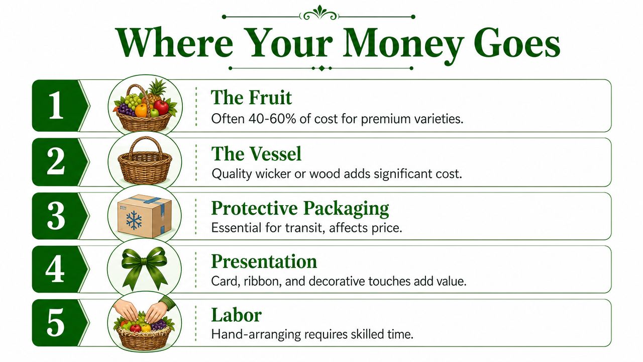 An infographic titled Where Your Money Goes explaining the cost breakdown of premium fruit gift baskets.