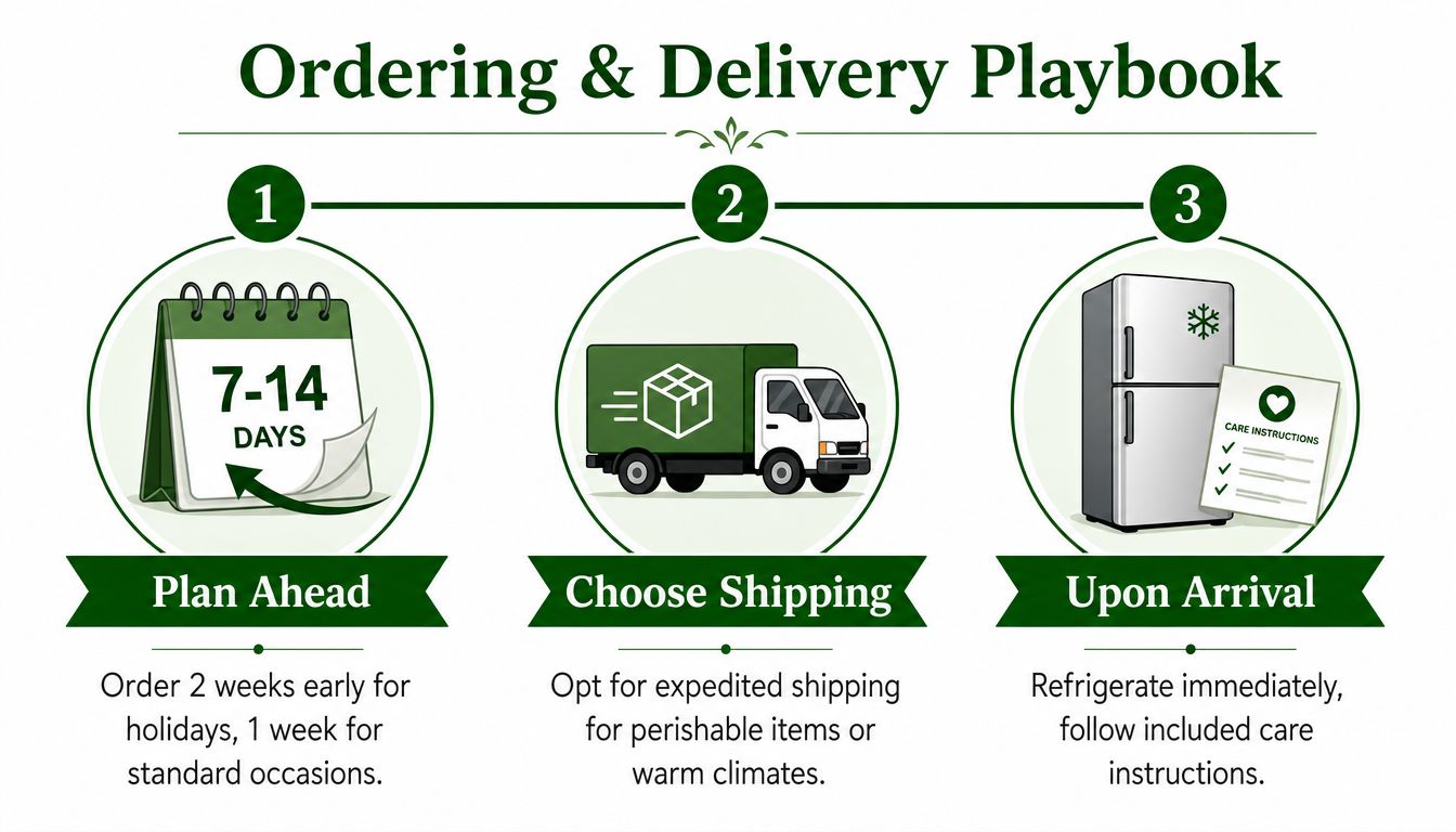 A three-step infographic showing how to plan, ship, and receive fruit gift baskets properly.