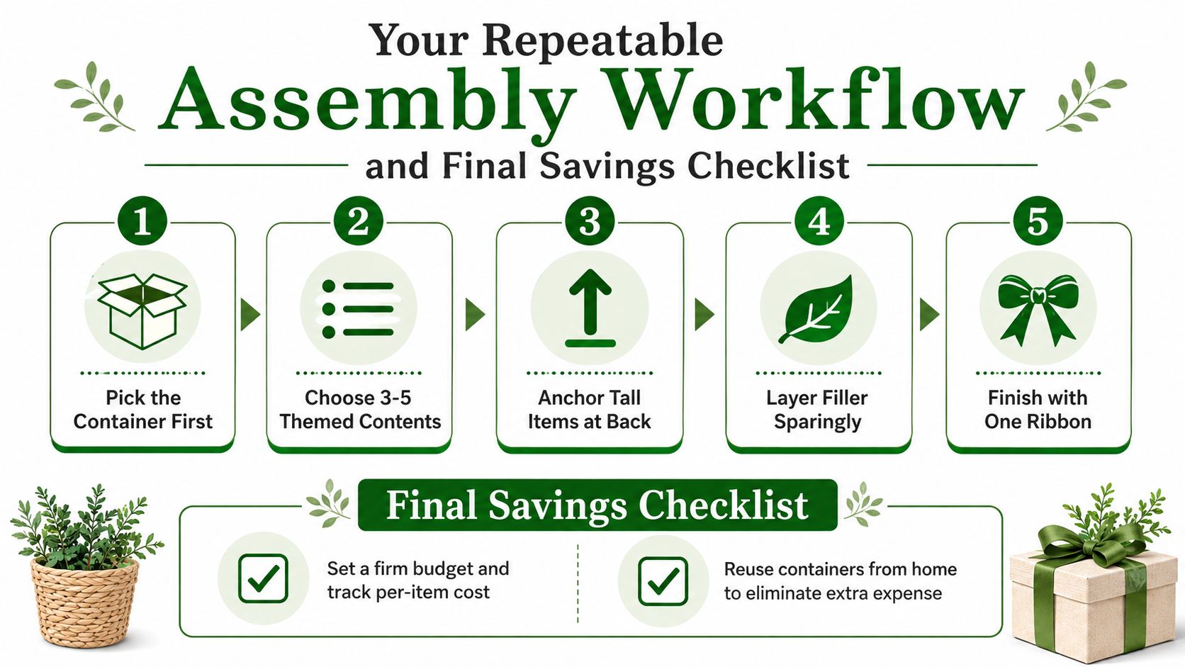 A five-step instructional guide for assembling a gift basket with tips on budgeting and reusing containers.