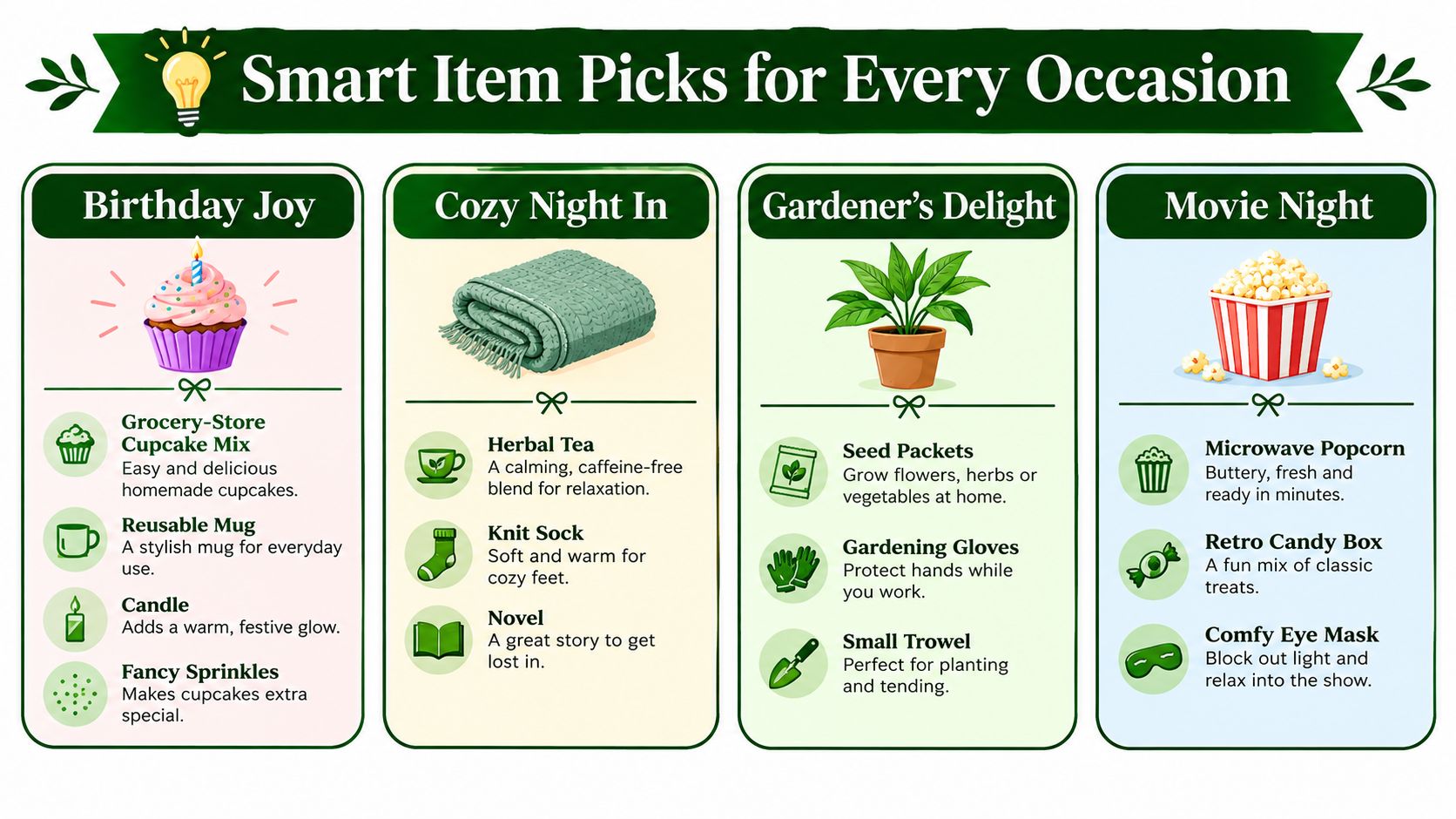 A curated infographic presenting four gift themes: Birthday Joy, Cozy Night In, Gardener's Delight, and Movie Night.