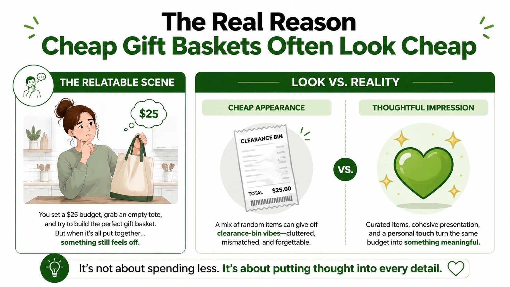 An infographic showing that thoughtfully curated gift baskets look better than random items, regardless of budget.