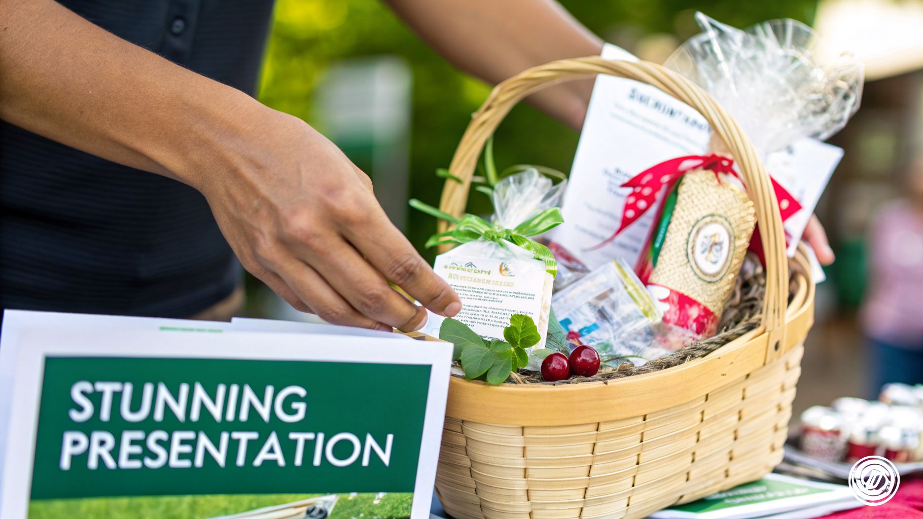Close-up of hands arranging items in a beautifully presented self-care gift basket.
