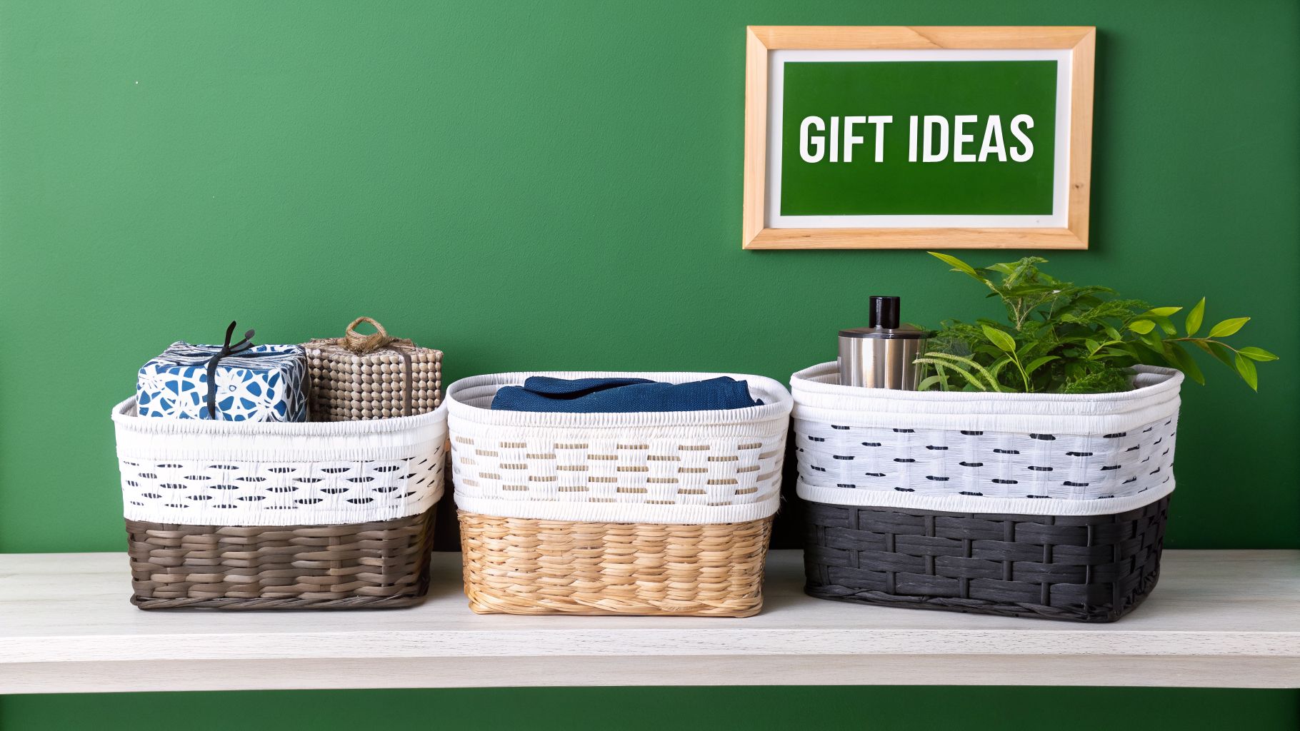Three decorative self-care gift baskets on a white shelf against a green wall with a 'GIFT IDEAS' sign.