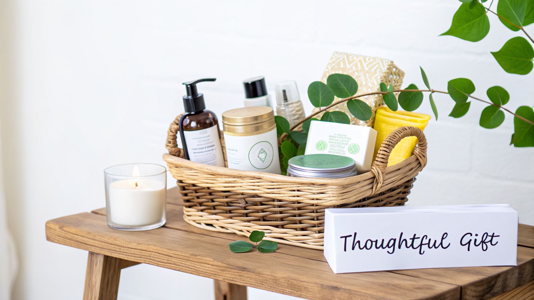 A thoughtful self-care gift basket with spa products and a lit candle on a wooden table.